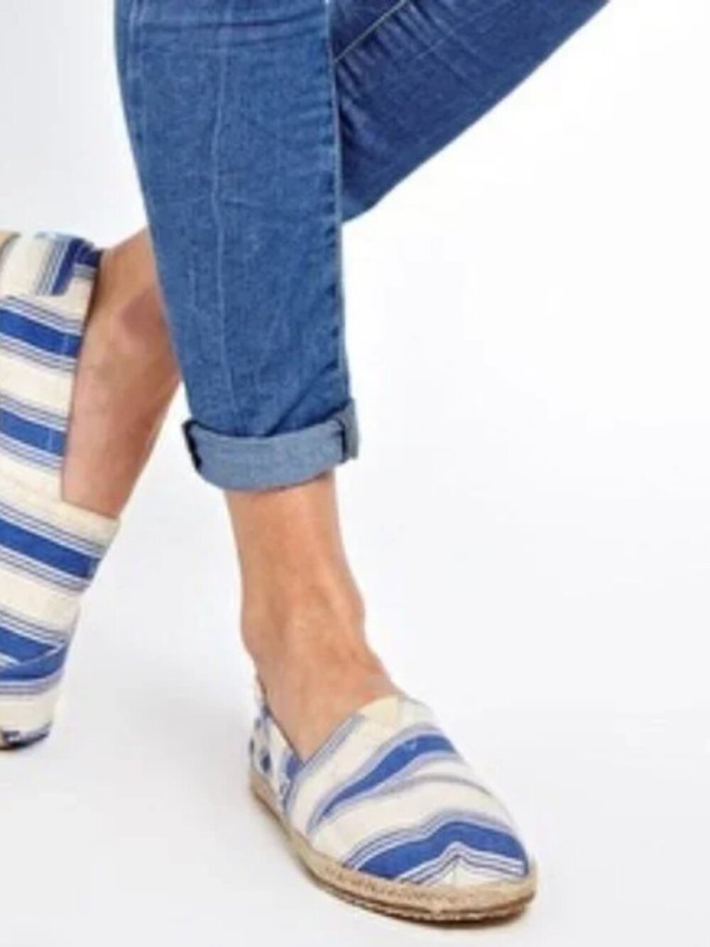 TOMS Slip-on Espadrilles Umbrella Alpargata Canvas Linen Blue White Stripe 8.5